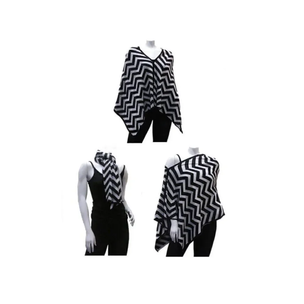 NWT - Black Tan Chevron Shawl Cardi Knit Material - Scarf Buttons- One Size